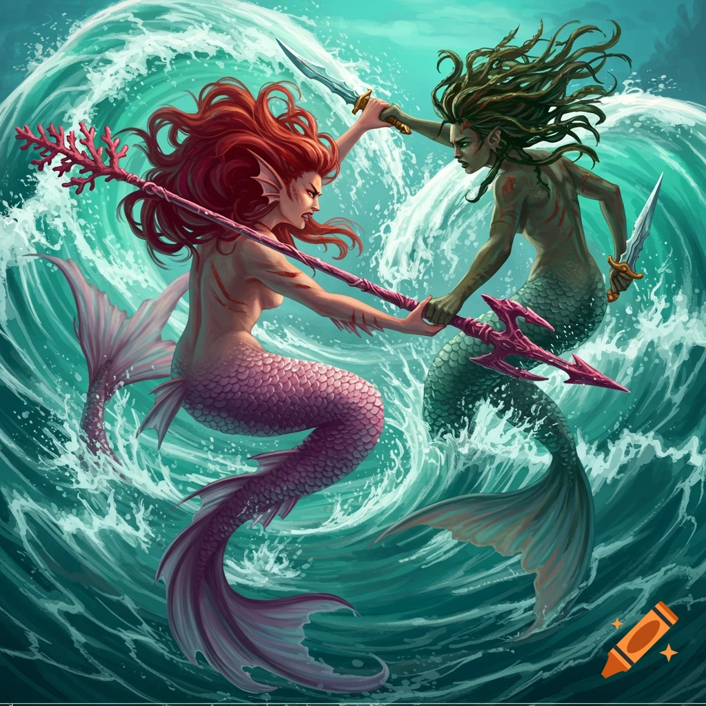 Two fantasy mermaids fighting with weapons in crashing waves.