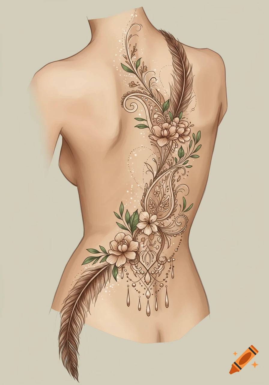 Detailed spine tattoo design featuring feathers, flowers, and paisley patterns on a person's back.