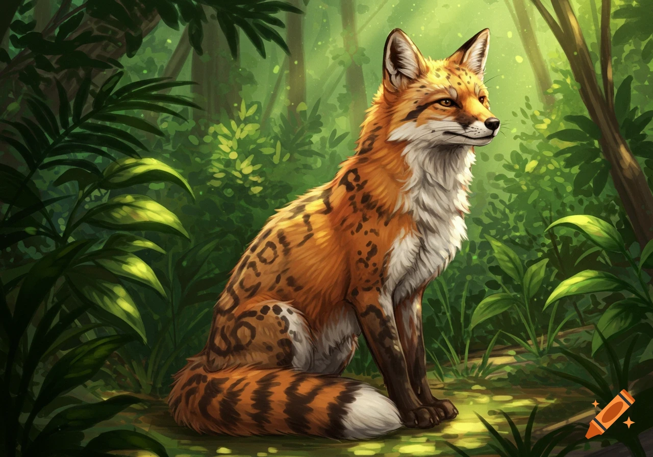 A fox with leopard spots sitting in a forest illustration.