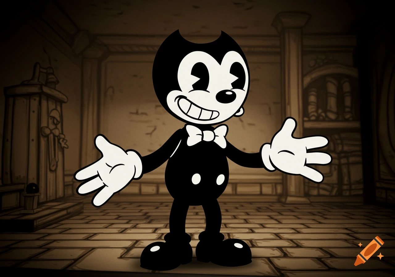 A black and white 1930s-style cartoon character resembling Bendy stands in a room.