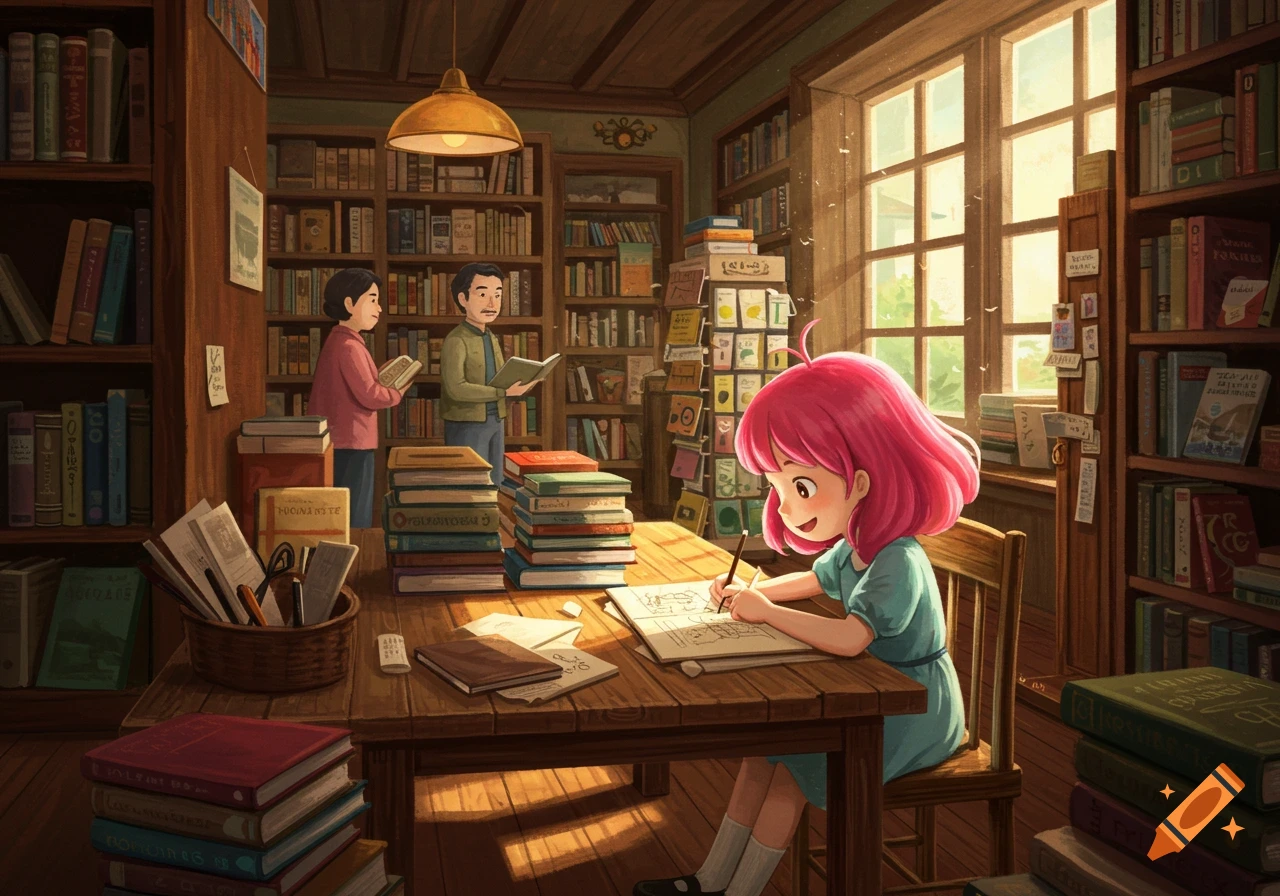 An anime girl sketches at a table in a cozy bookstore while her parents read.