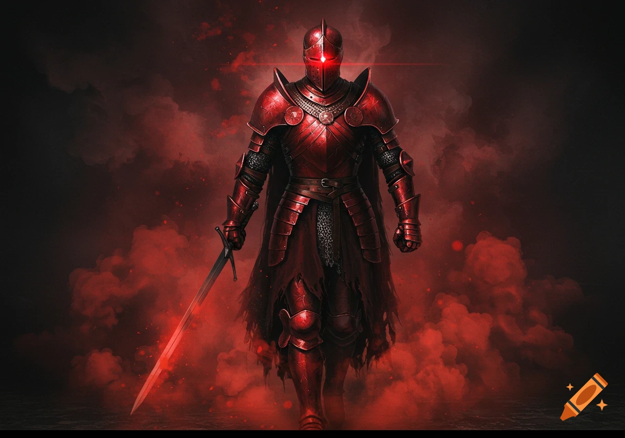 A red armored knight with glowing red eyes stands in red smoke, holding a sword.