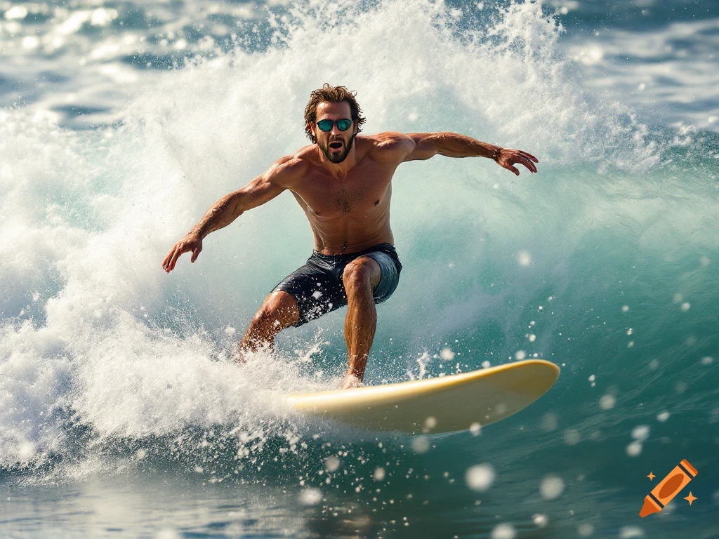 A shirtless man with sunglasses surfs on a large breaking wave.