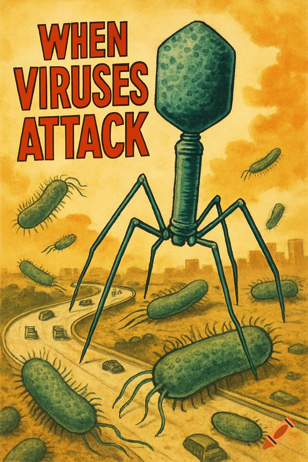 Retro movie poster of a giant bacteriophage virus and bacteria attacking a city