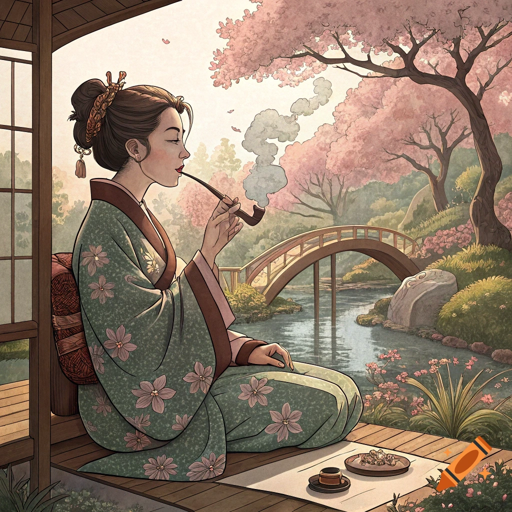 Ukiyo-e style image of woman in kimono smoking pipe in Japanese garden