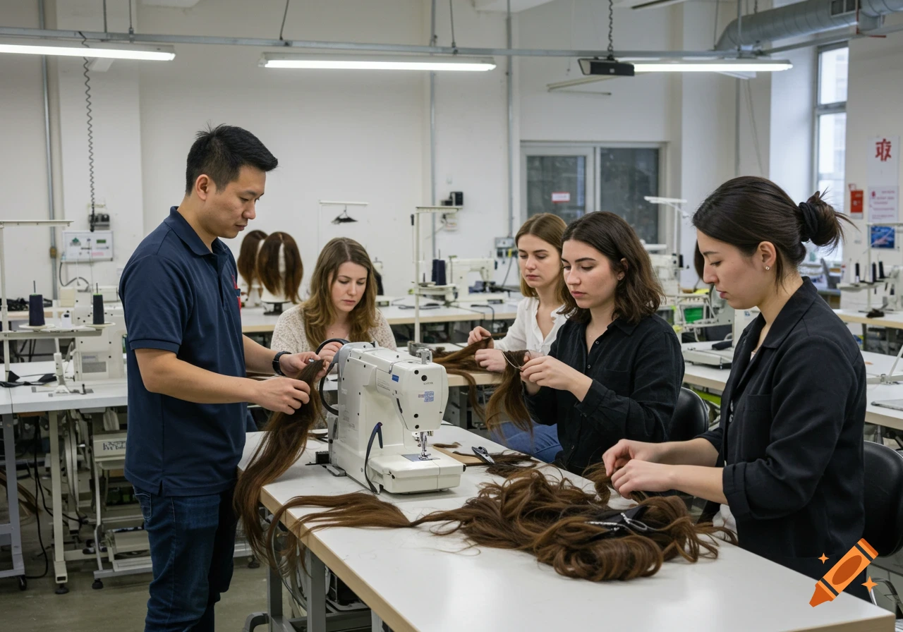 People working with hair extensions and sewing machines in a wig production training workshop.