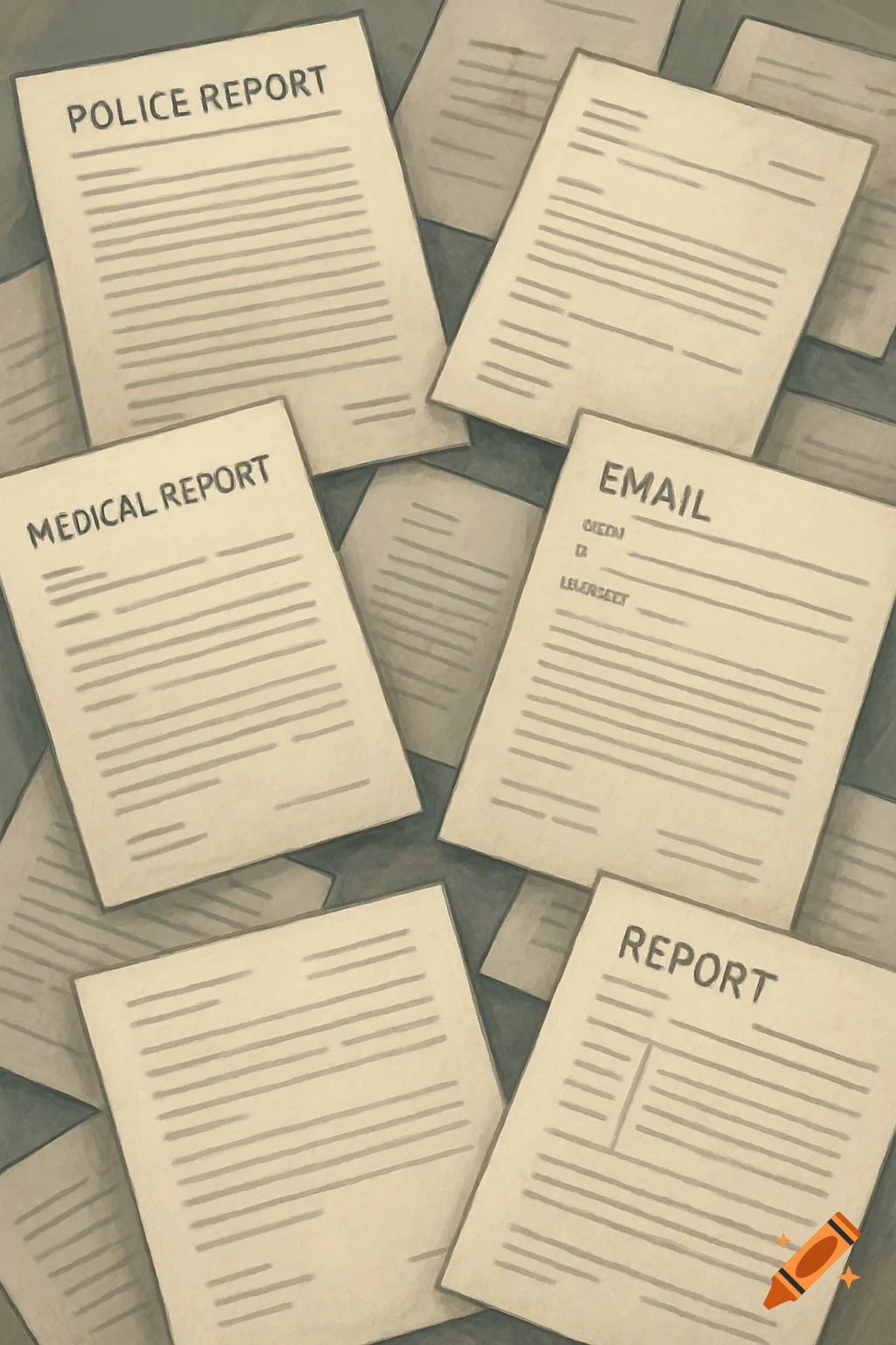 An illustration of scattered papers with titles like Police Report, Medical Report, and Email.