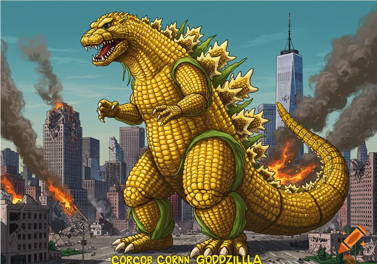 Illustration of a giant corncob monster attacking a city