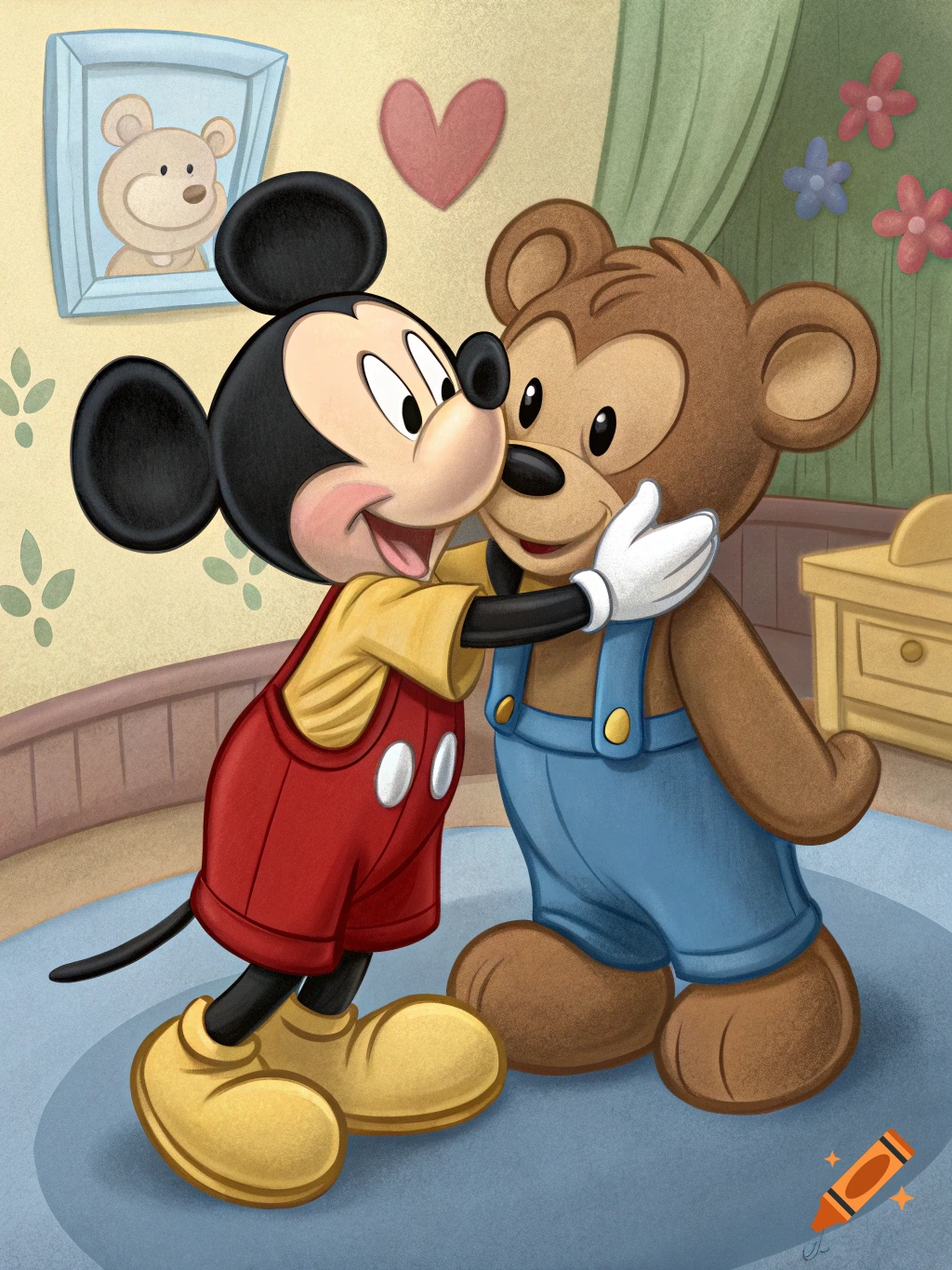 Mickey Mouse hugging a teddy bear in a nursery.