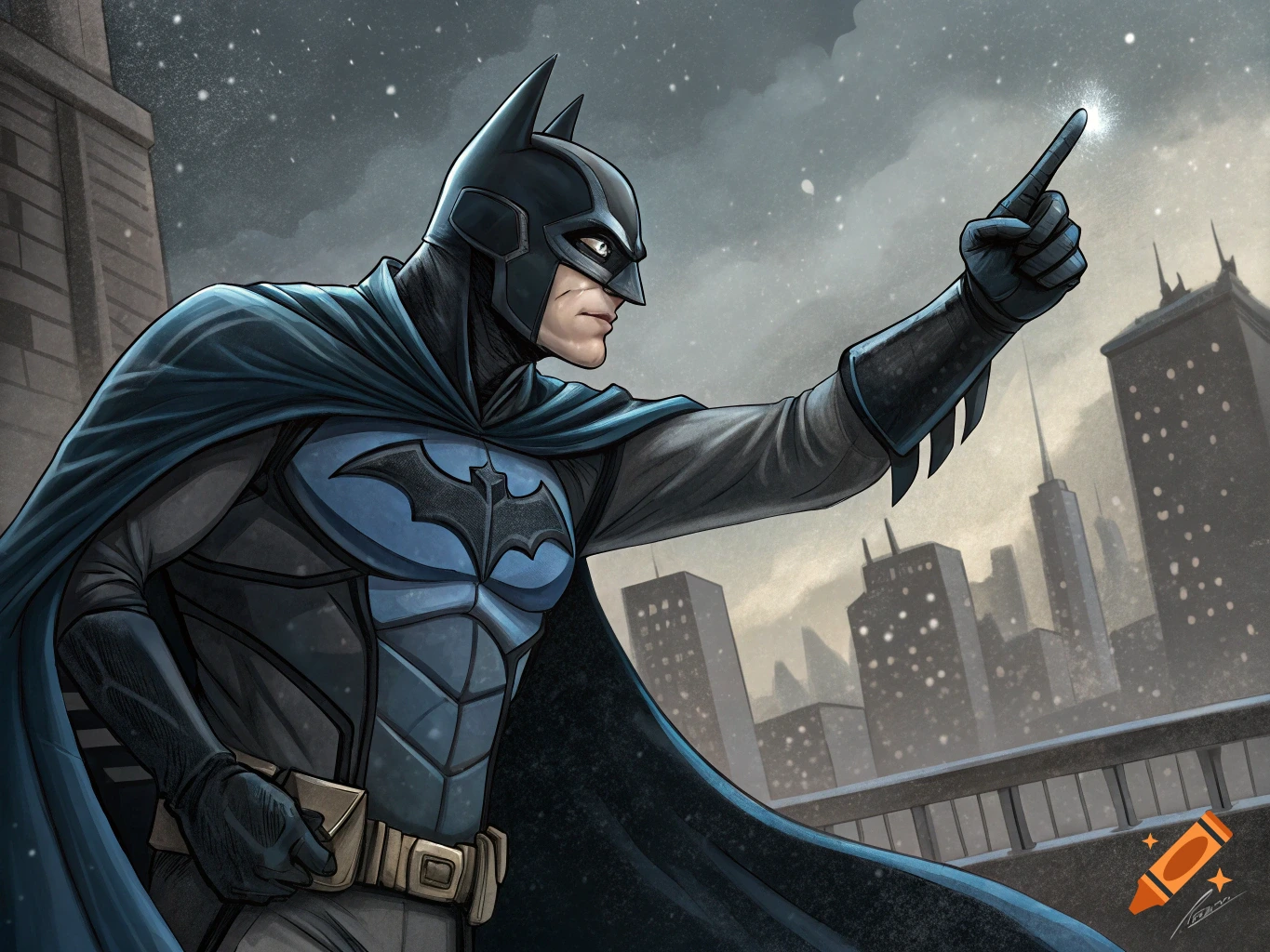 A stylized drawing of Batman pointing in a city at night.