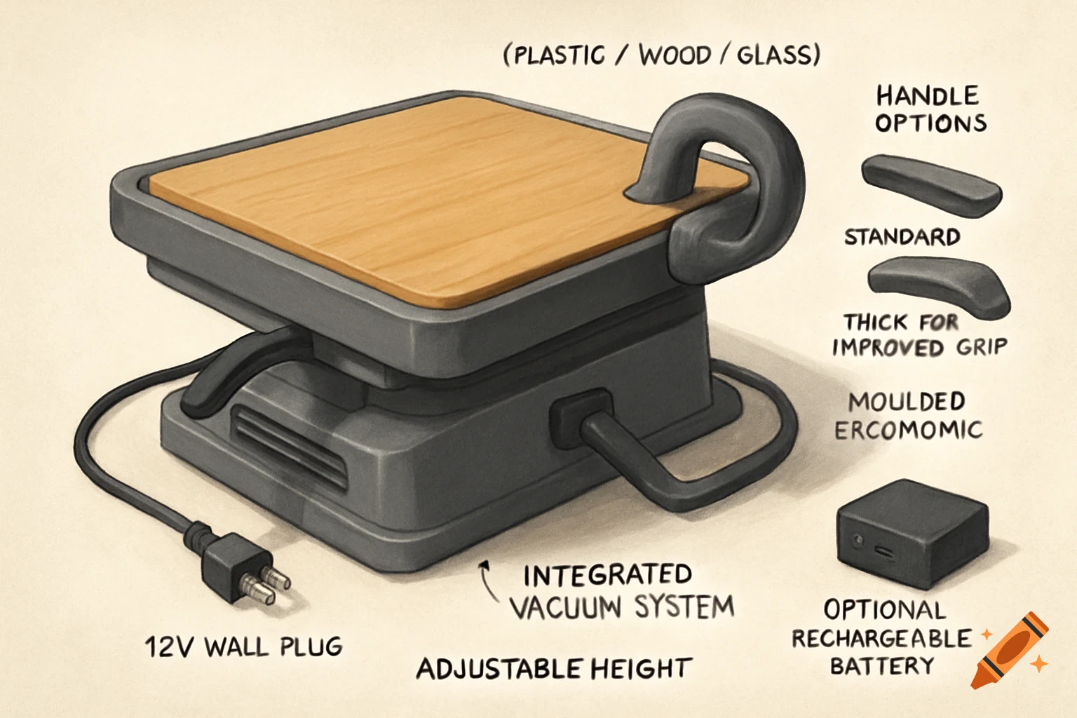 Illustration of an adjustable chopping board with integrated vacuum and labeled features like handle options and power sources.