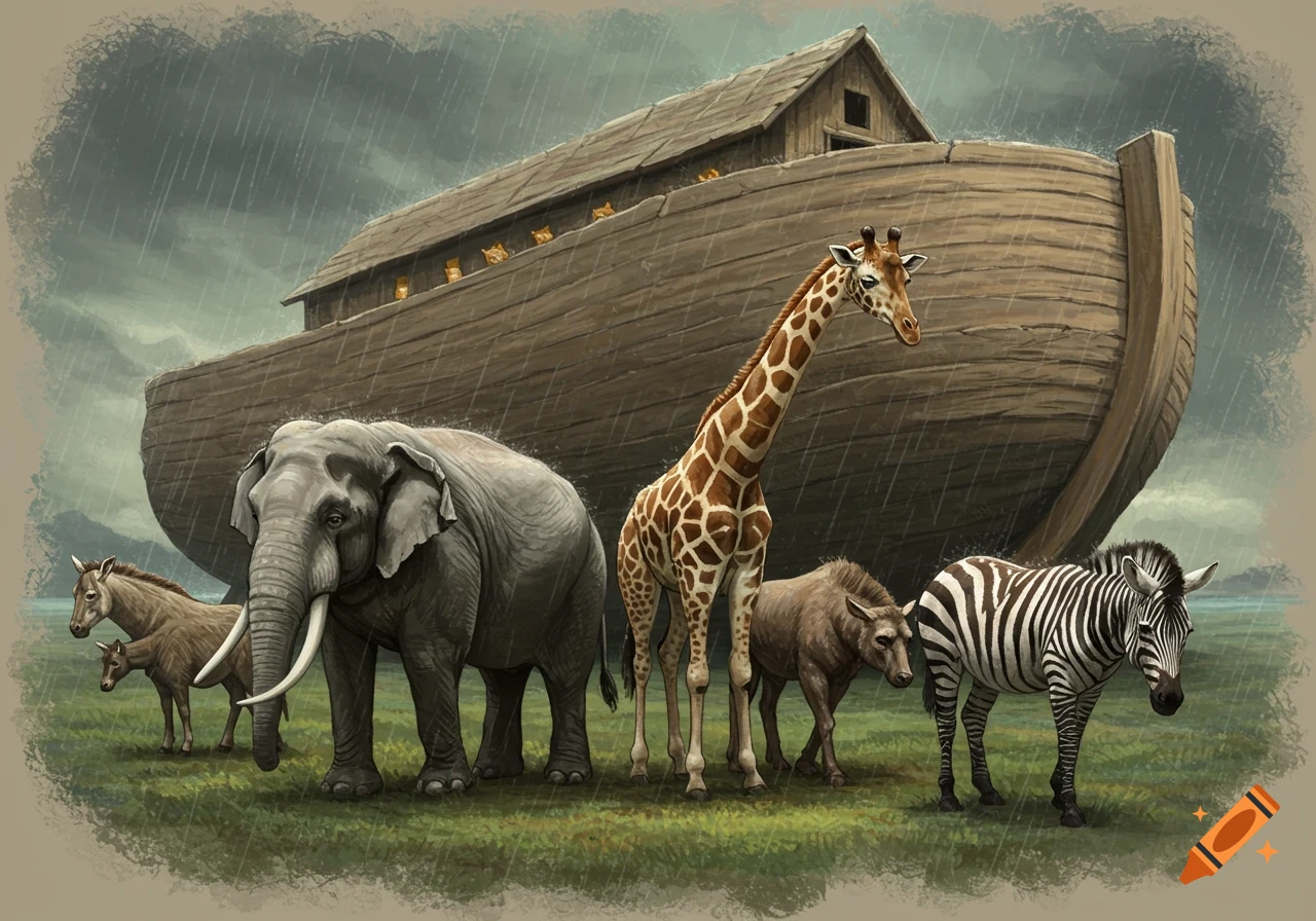 Noah's Ark with an elephant, giraffe, zebra, and other animals in the rain, painted style.
