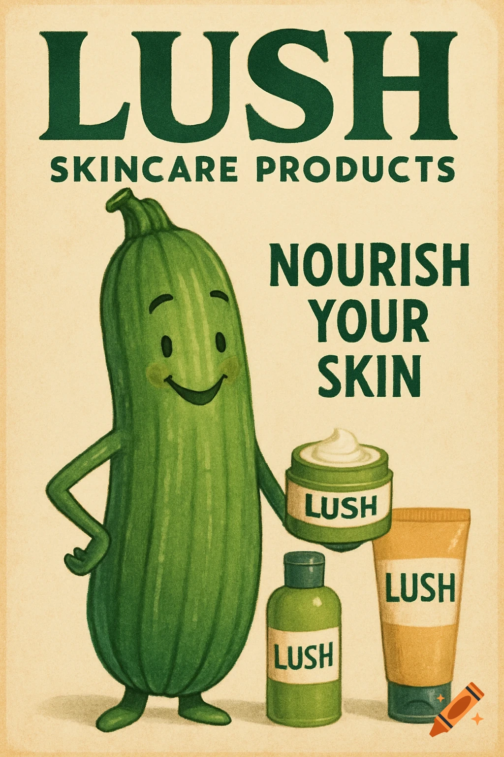 Vintage style advertisement with cartoon zucchini holding Lush skincare products.