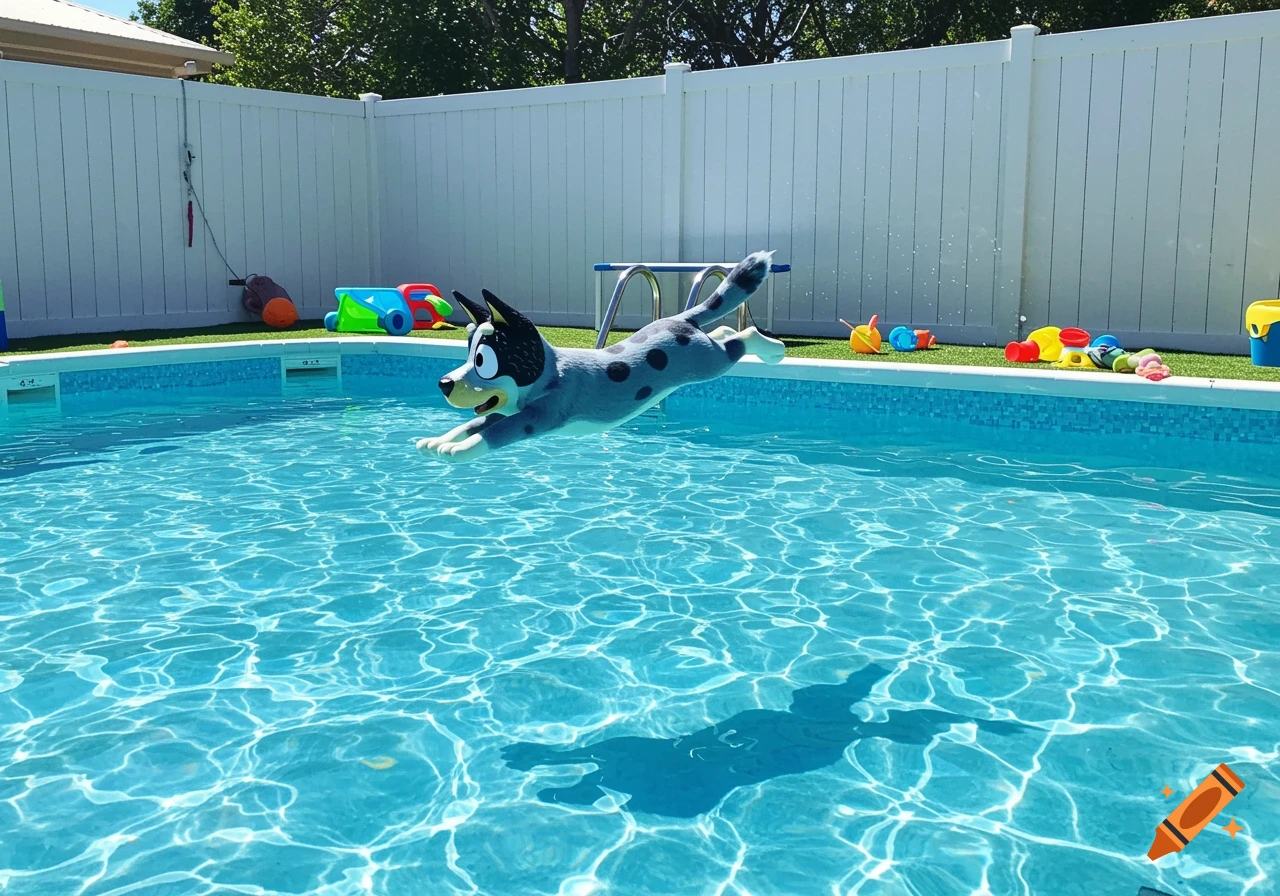 Bluey the cartoon dog jumps into a backyard swimming pool with toys nearby.