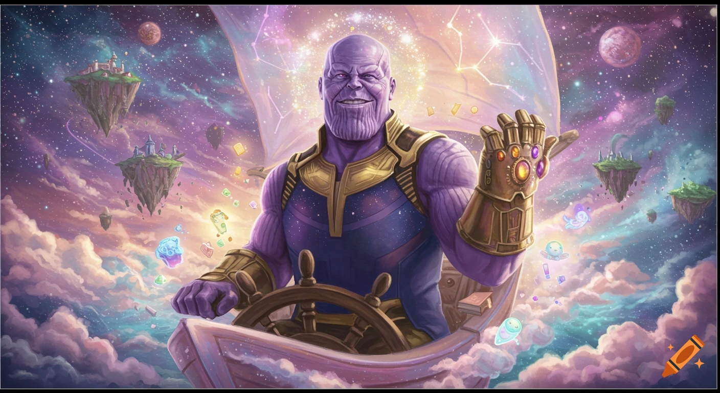 Thanos sails a dream ship through a vibrant, fantastical space with floating islands and glowing creatures.