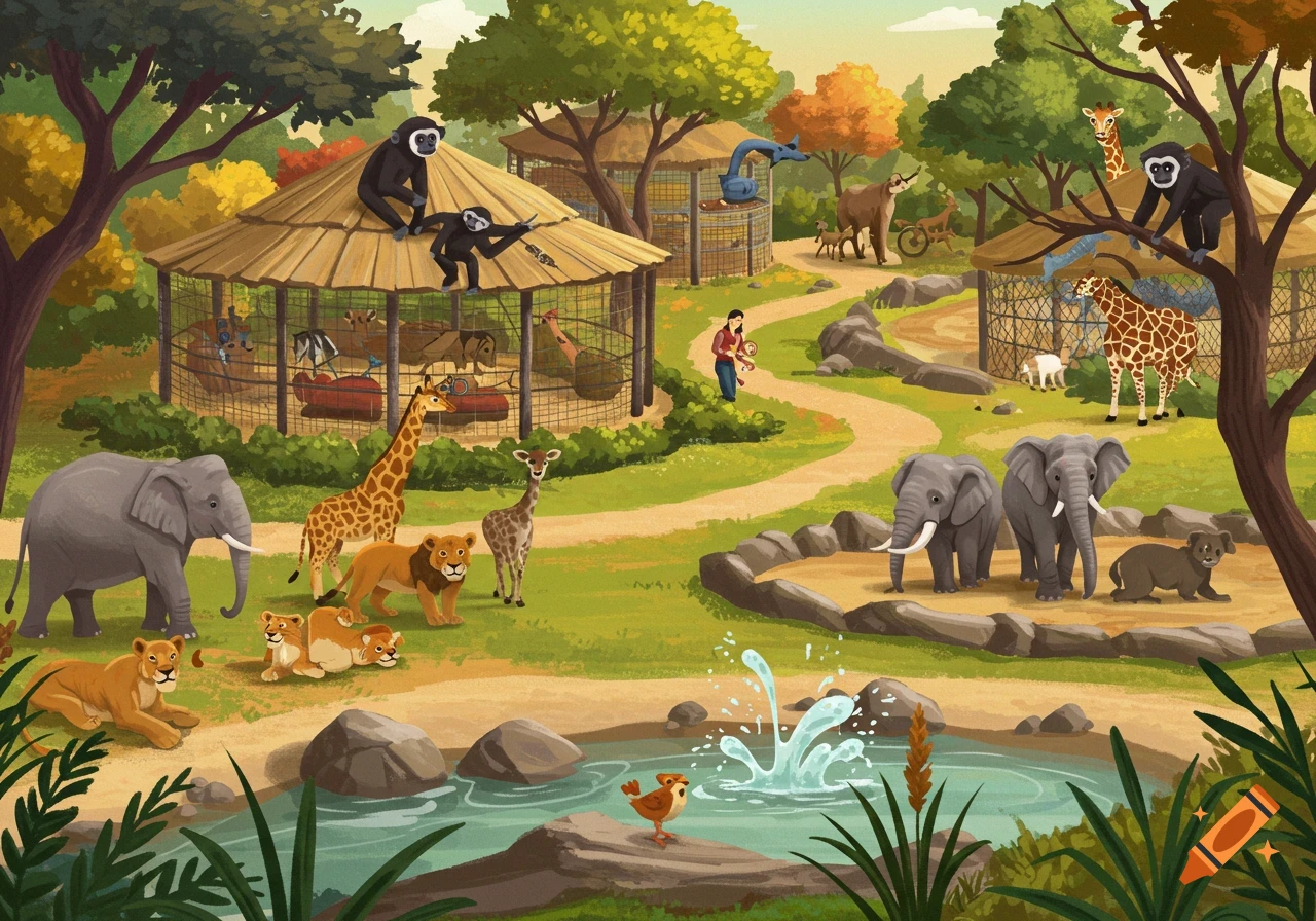 Colorful illustration of a zoo with elephants, giraffes, lions, monkeys, and a person walking on a path.