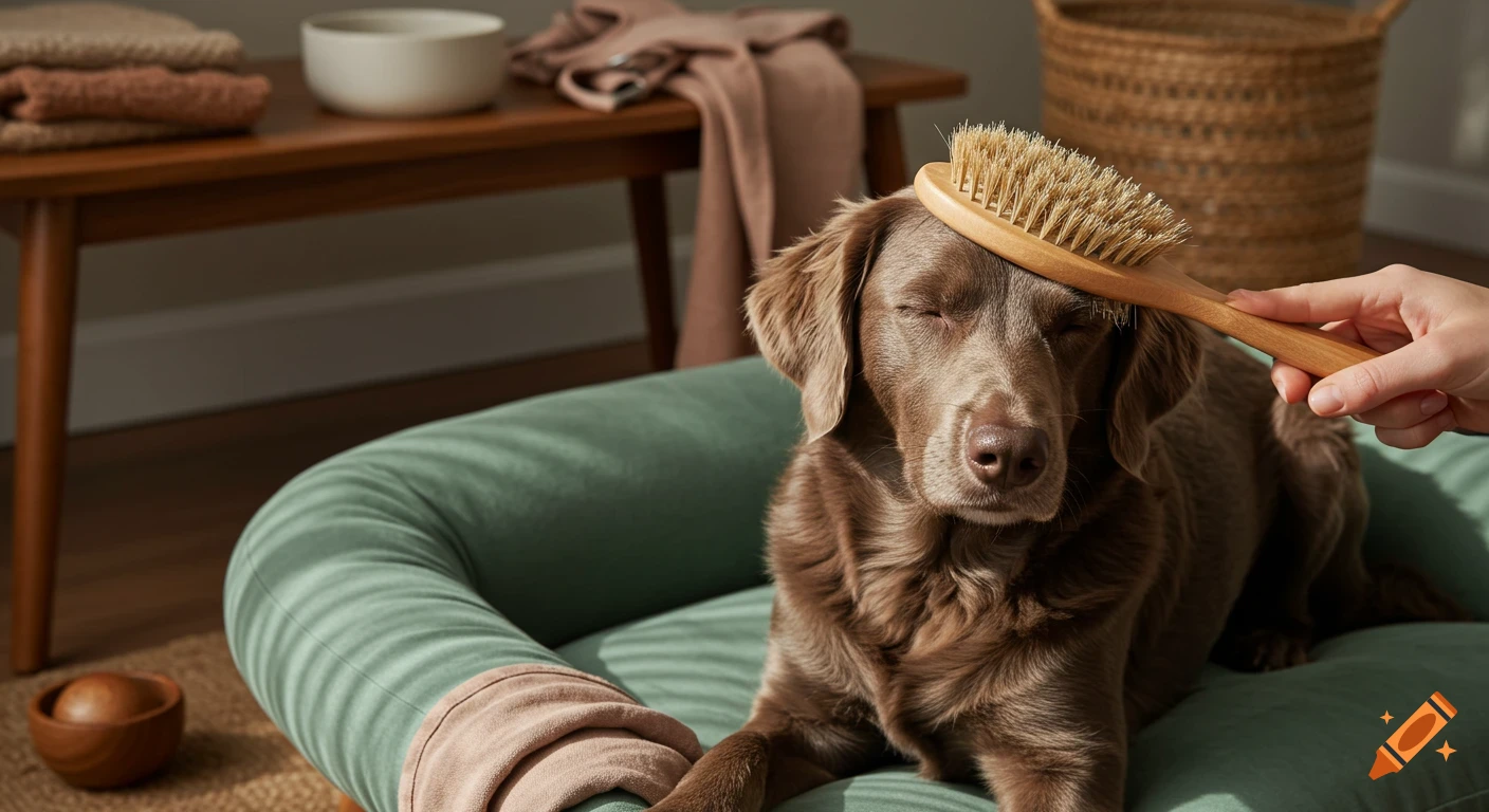 A brown dog relaxes on a green bed while a hand gently brushes its fur in soft light.