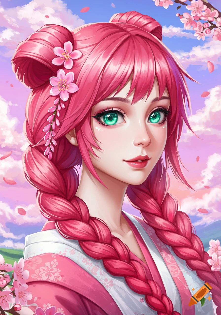 Anime portrait of a woman with pink braided hair, green eyes, and a pink kimono surrounded by cherry blossoms under a cloudy sky.