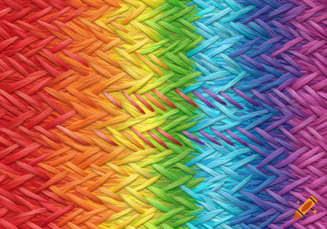 A close-up abstract texture of rainbow-colored woven material or stitching.