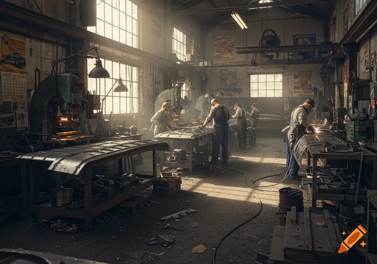 Workers in a sunlit 1950s sheet metal workshop