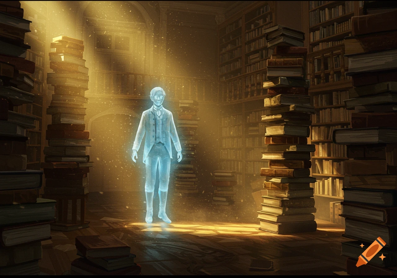 A glowing, ghostly figure stands in a dusty library surrounded by tall stacks of books.
