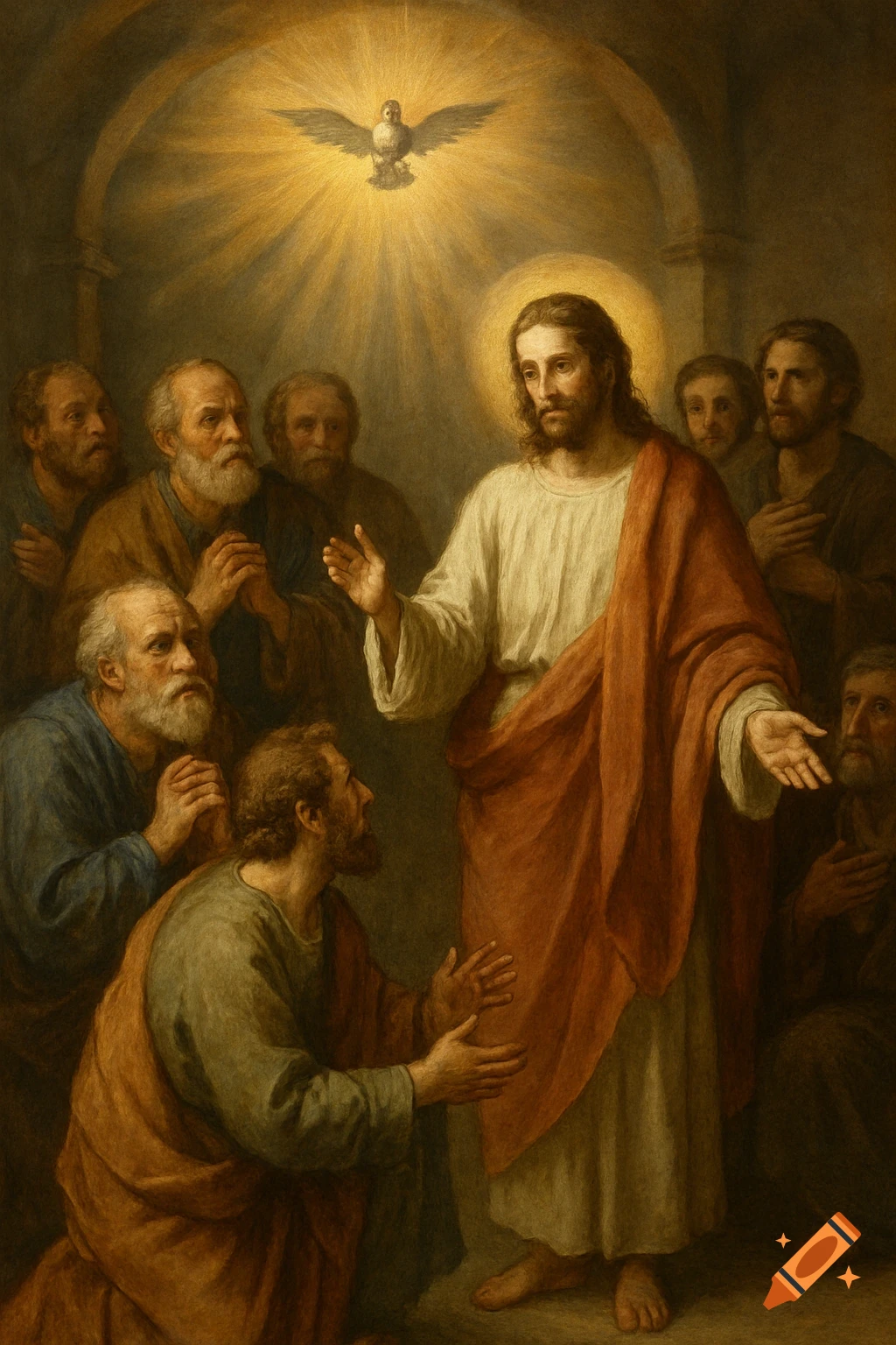 A painting of Jesus with disciples and a dove of light above him.