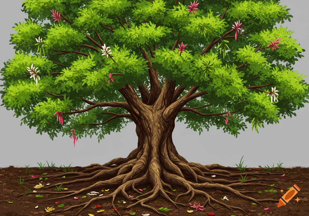 Stylized illustration of a large tree with exposed roots and pink and white flowers on a grey background.