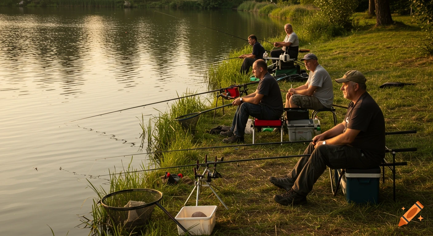 Five men fishing on the grassy bank of a lake at sunset.