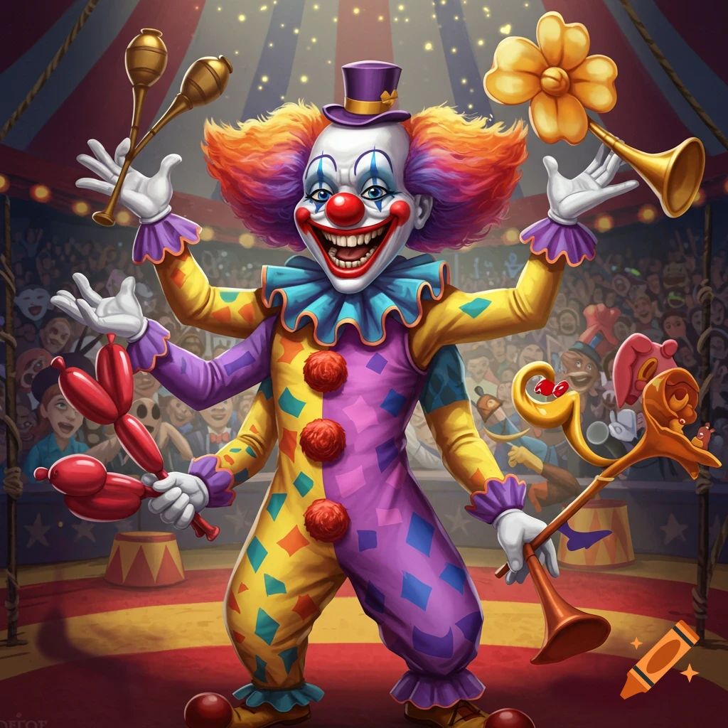A colorful clown with four arms juggling and holding props in a circus tent.