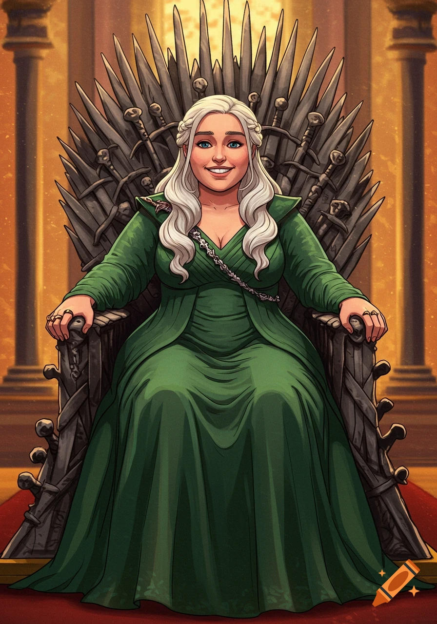 A stylized illustration of a woman resembling Daenerys Targaryen sitting on the Iron Throne.