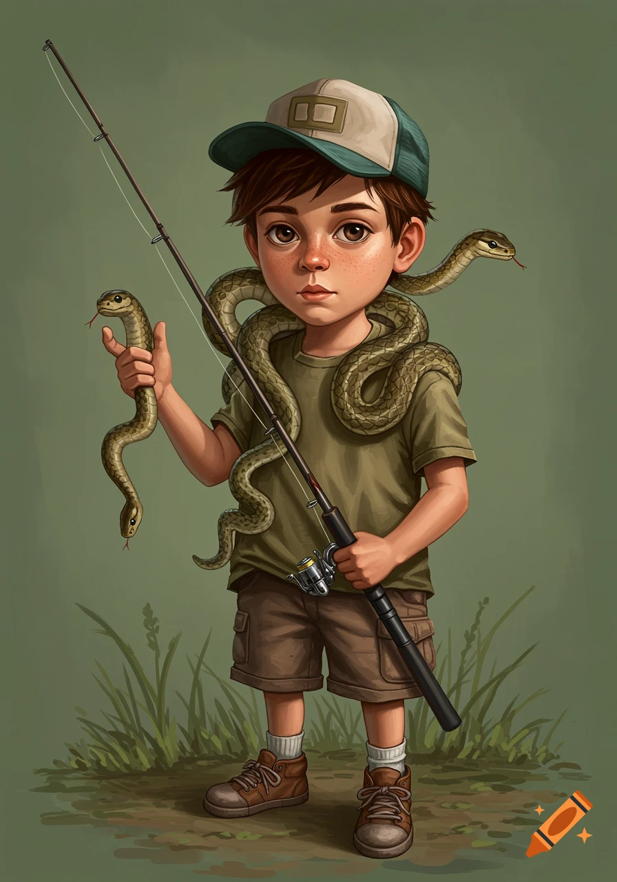 Stylized illustration of a boy holding a fishing rod with snakes wrapped around his neck and holding one snake.