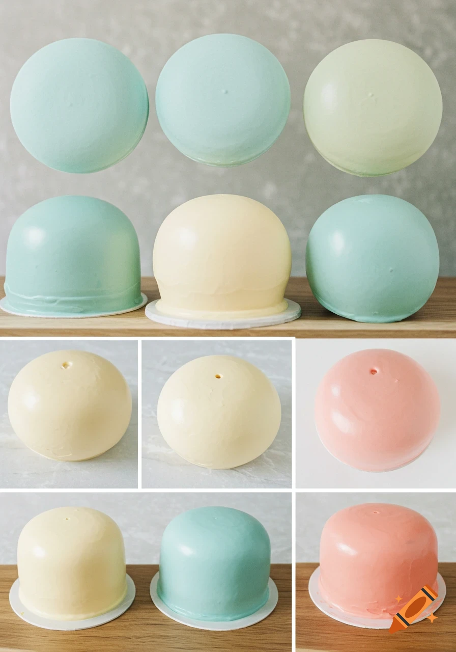 Grid of pastel blue, cream, and pink dome-shaped and spherical pastries or cakes on a wooden surface.
