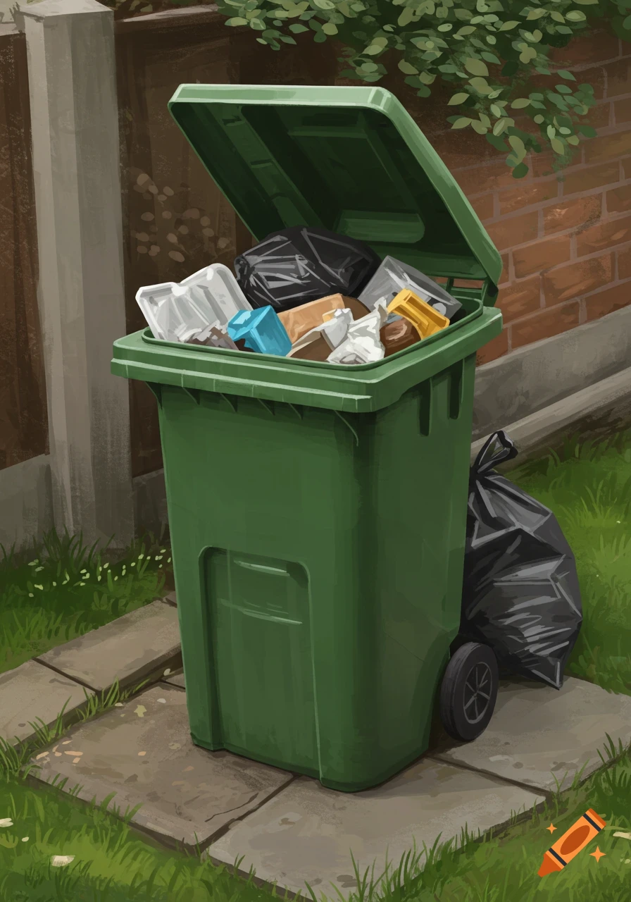 An illustration of a green trash bin overflowing with garbage, next to a brick wall and a fence.
