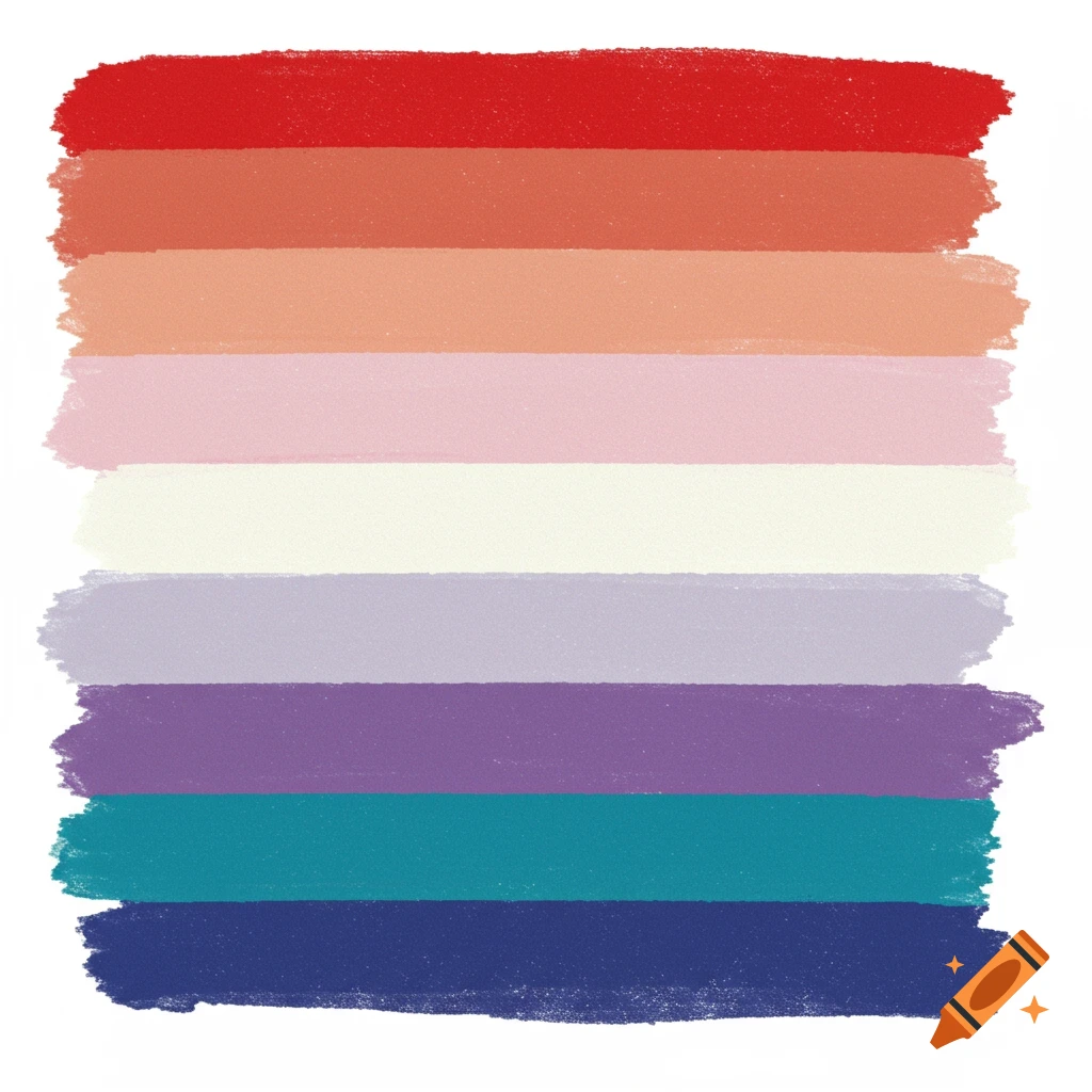 Horizontal brushstroke bands of red, orange, peach, pink, white, light purple, purple, teal, and dark blue.