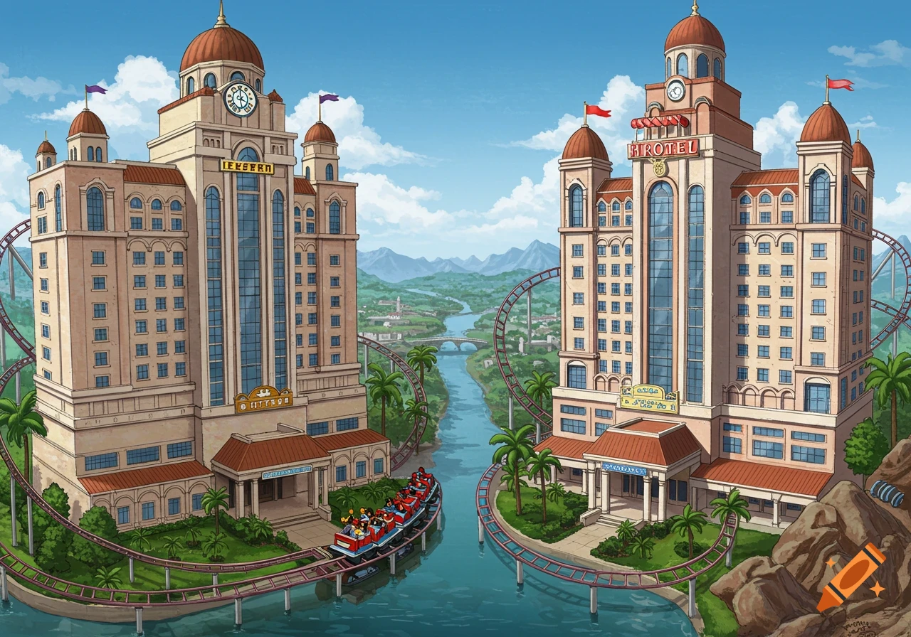Cartoon image of two large hotels with a rollercoaster wrapping around them and a river in between, against a mountain backdrop.