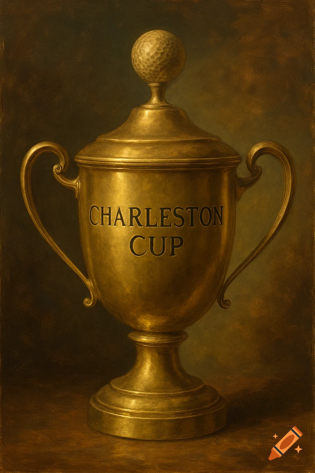 Painting of a golden Charleston Cup golf trophy.