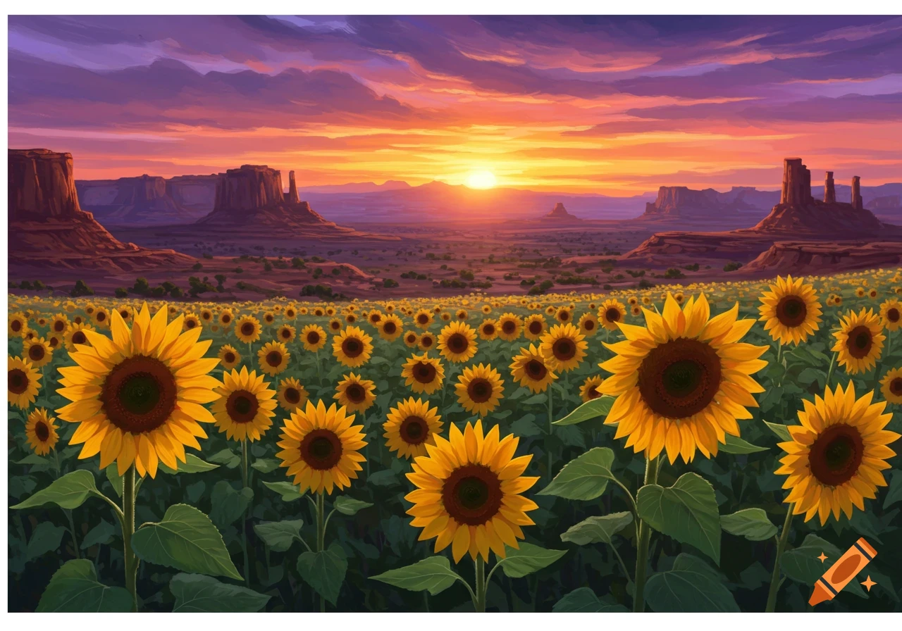 Field of sunflowers in a desert valley with mesas at sunset, painted style.