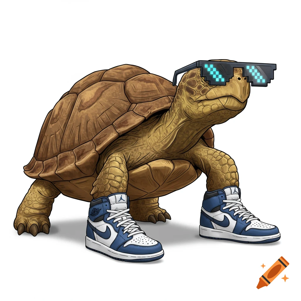 A turtle wears pixelated sunglasses and blue and white sneakers.