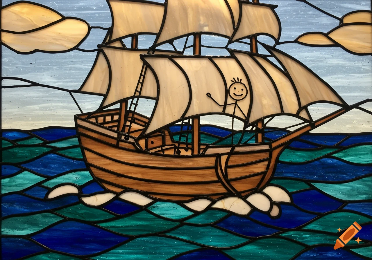 Stained glass illustration of a stick figure waving from a sailing ship on the ocean.