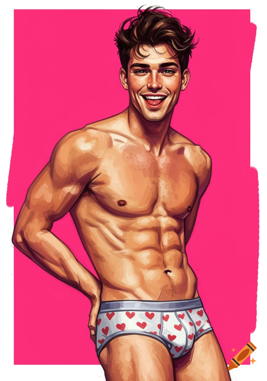 Smiling muscular male in heart underwear illustration