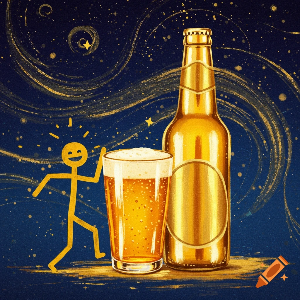 A gold stick figure dances next to a gold bottle and glass of beer against a swirling gold and blue starry background.