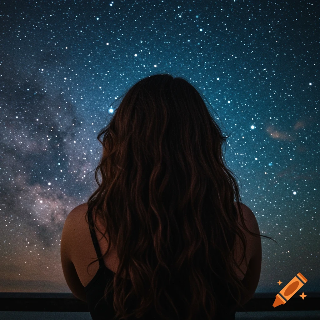 Back of a brunette woman looking at a starry night sky
