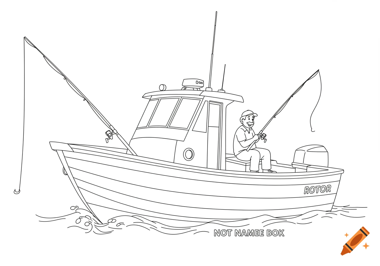 Black and white line drawing of a man fishing from a boat.