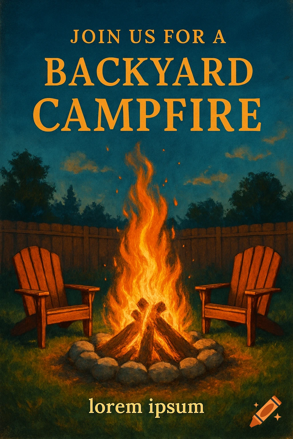 Illustration of a campfire in a backyard with two Adirondack chairs and text.