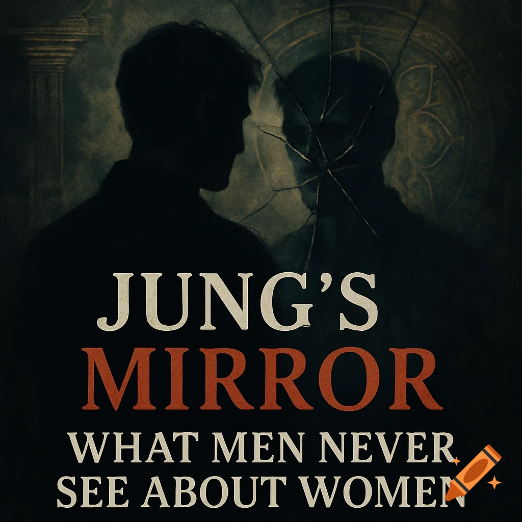 Silhouette of a man looking into a cracked mirror with title text 'Jung's Mirror: What Men Never See About Women'.