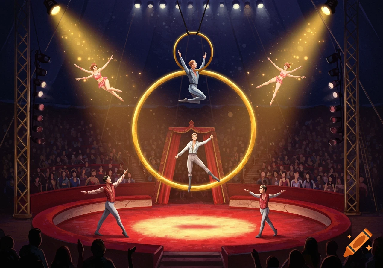 A dynamic illustration of acrobats performing under spotlights in a circus tent.