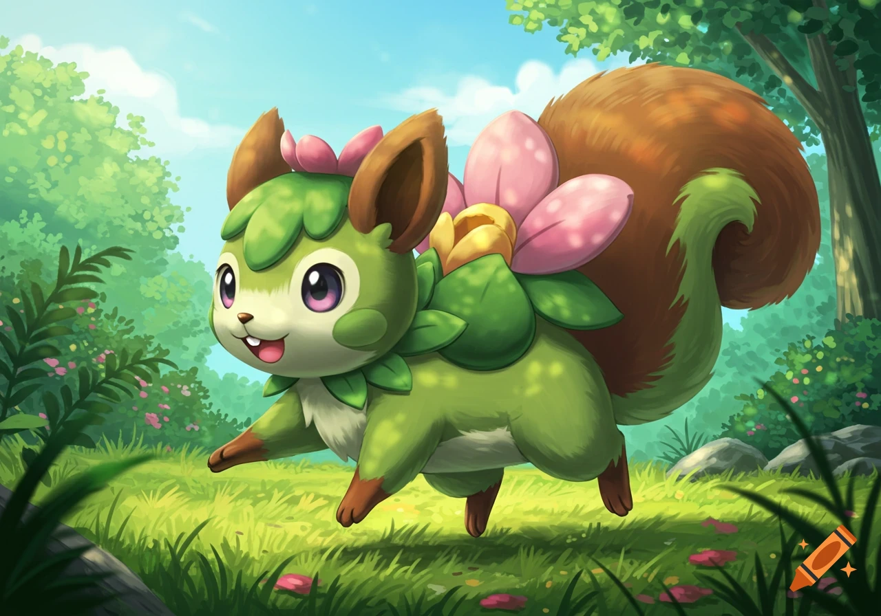A cute green creature resembling a squirrel with leaves and a flower on its back runs through a grassy field.