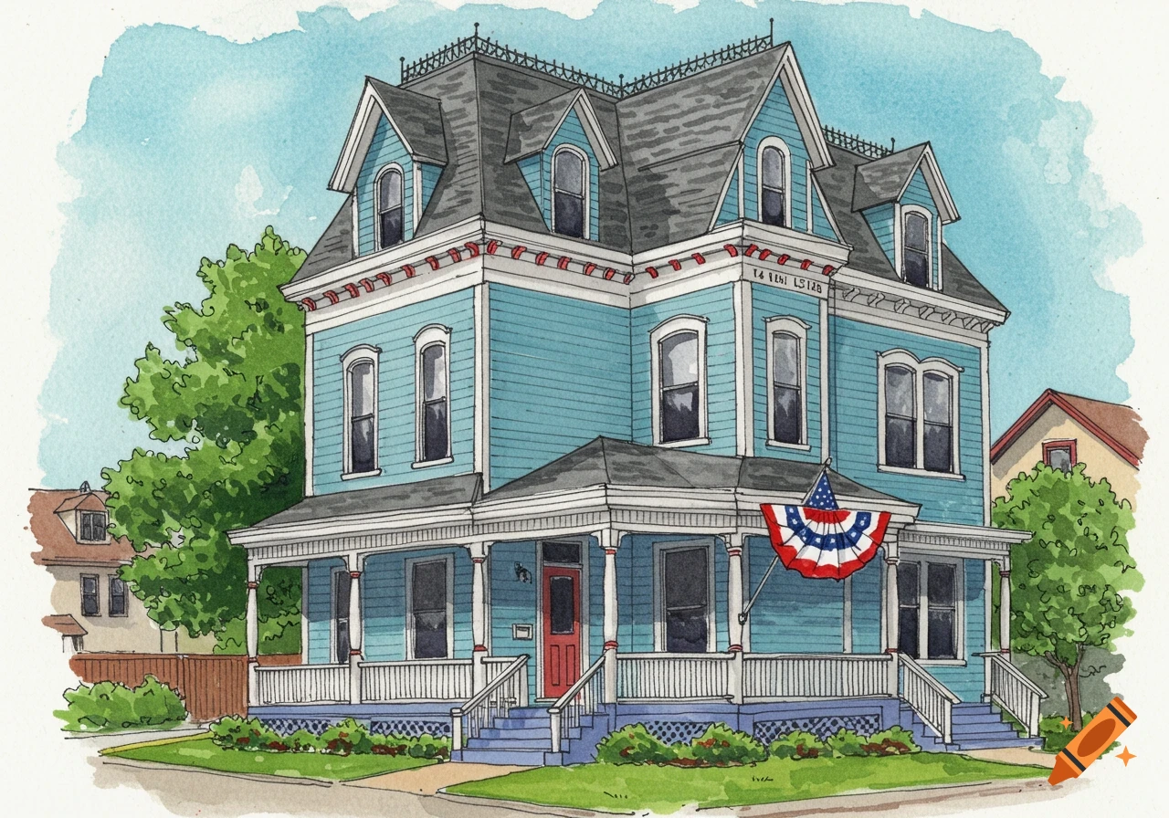 Watercolor painting of a blue Victorian house with a front porch and a patriotic flag.