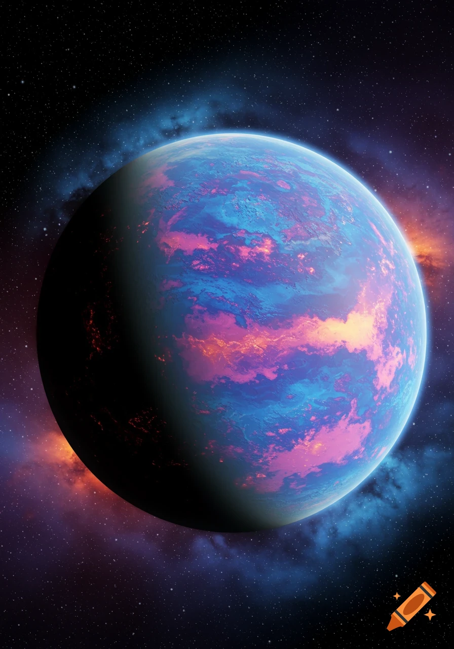 A vibrant blue and pink planet glows in the dark expanse of space, surrounded by stars and colorful nebulae.