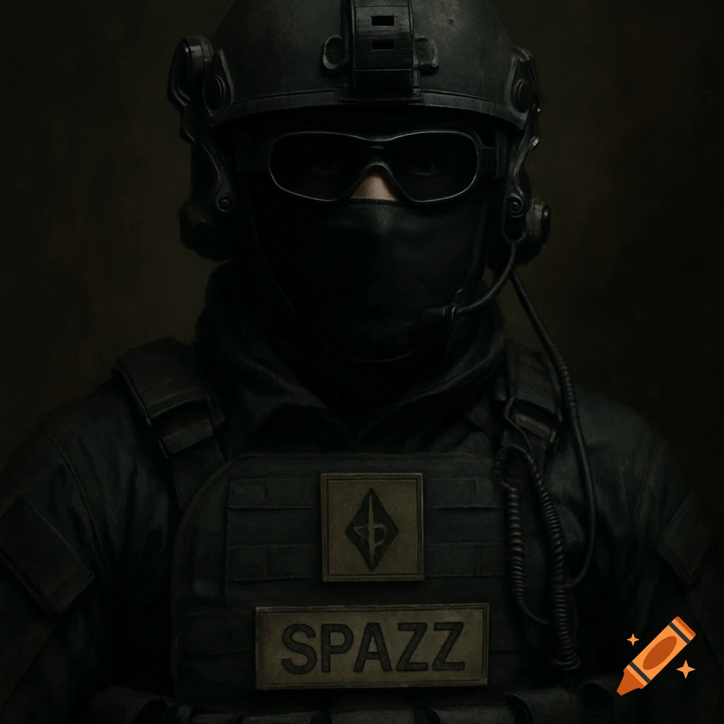 Close-up portrait of a person in black tactical gear, helmet, goggles, and face covering, with a 'SPAZZ' name patch.